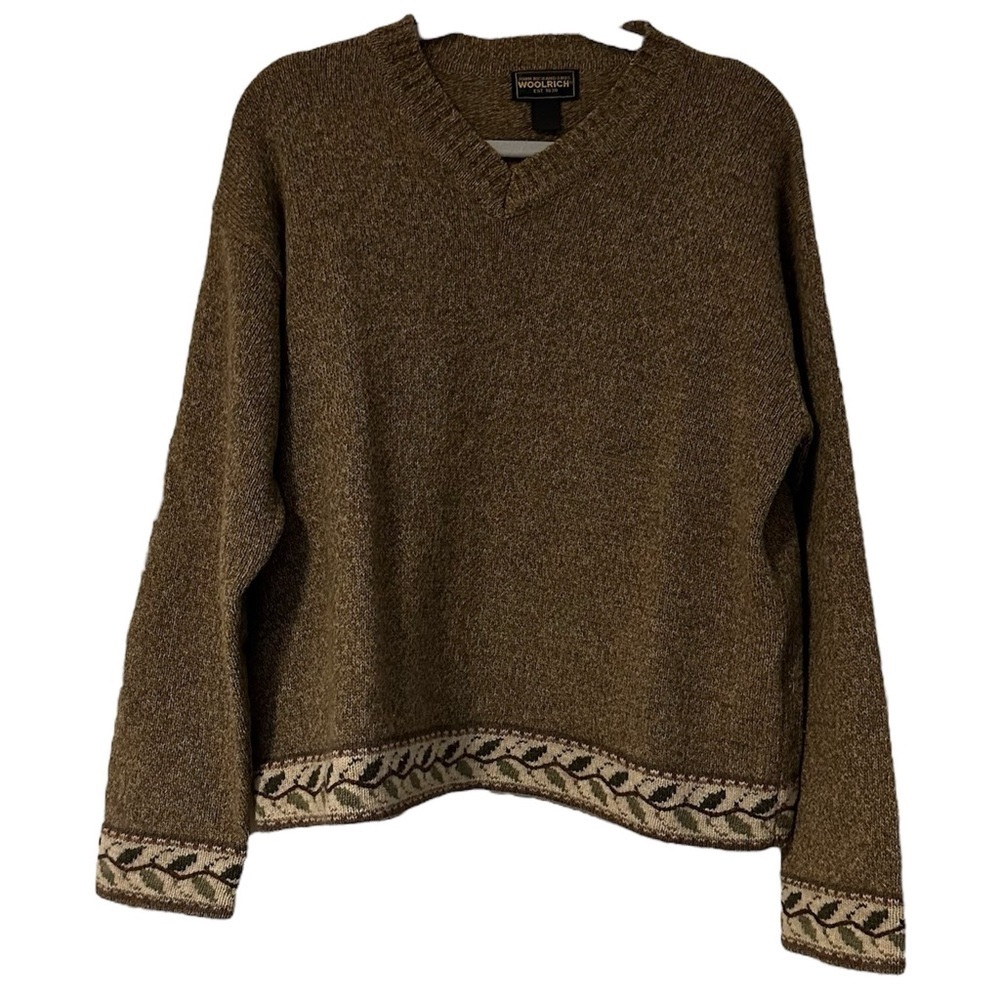 Woolrich Sweater John Rich and Bros Brown w/ Leaf Trim Long Sleeve Wool Size XL